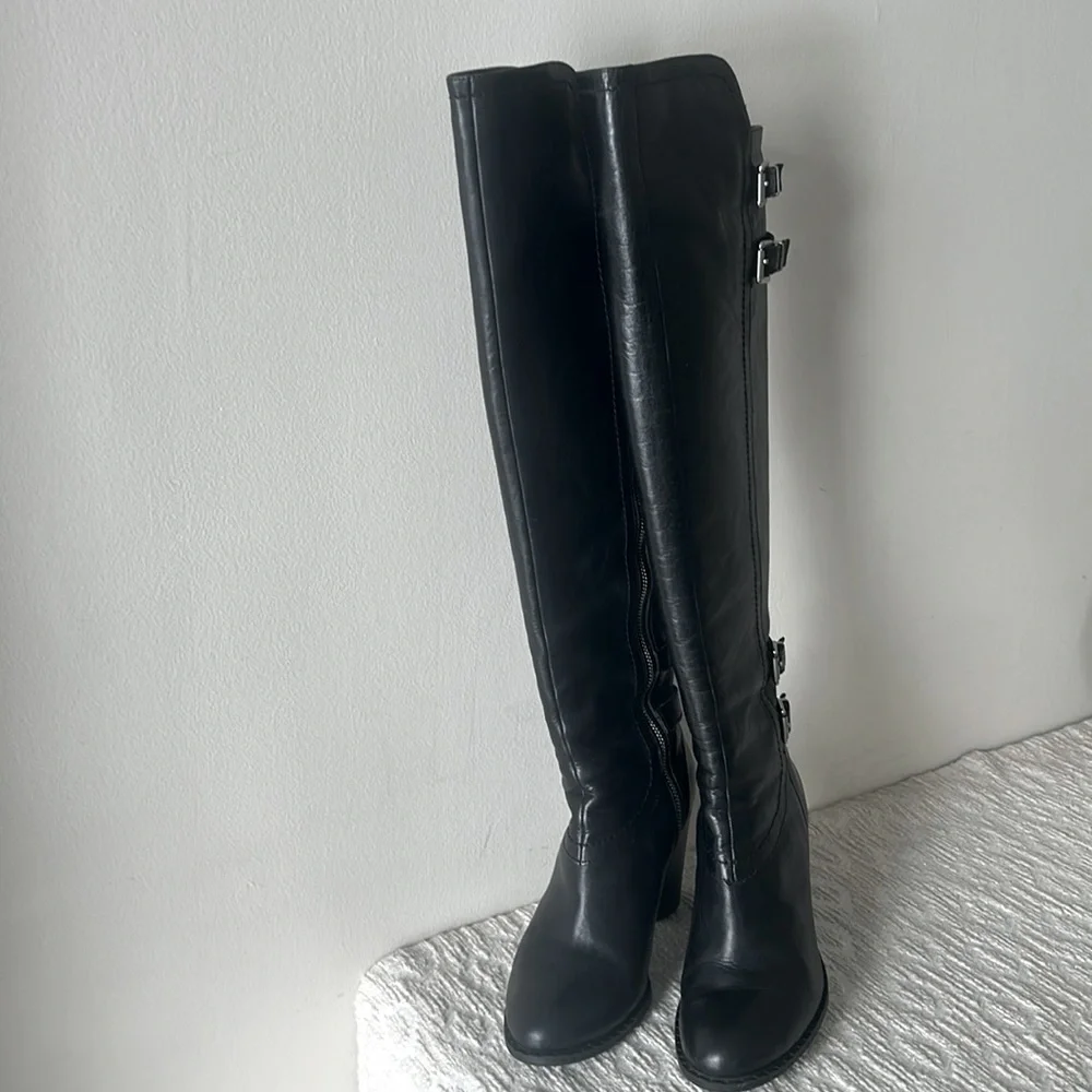 Adrienne Vittadini Black Leather Boots with Buckle Accents - Picture 4 of 15